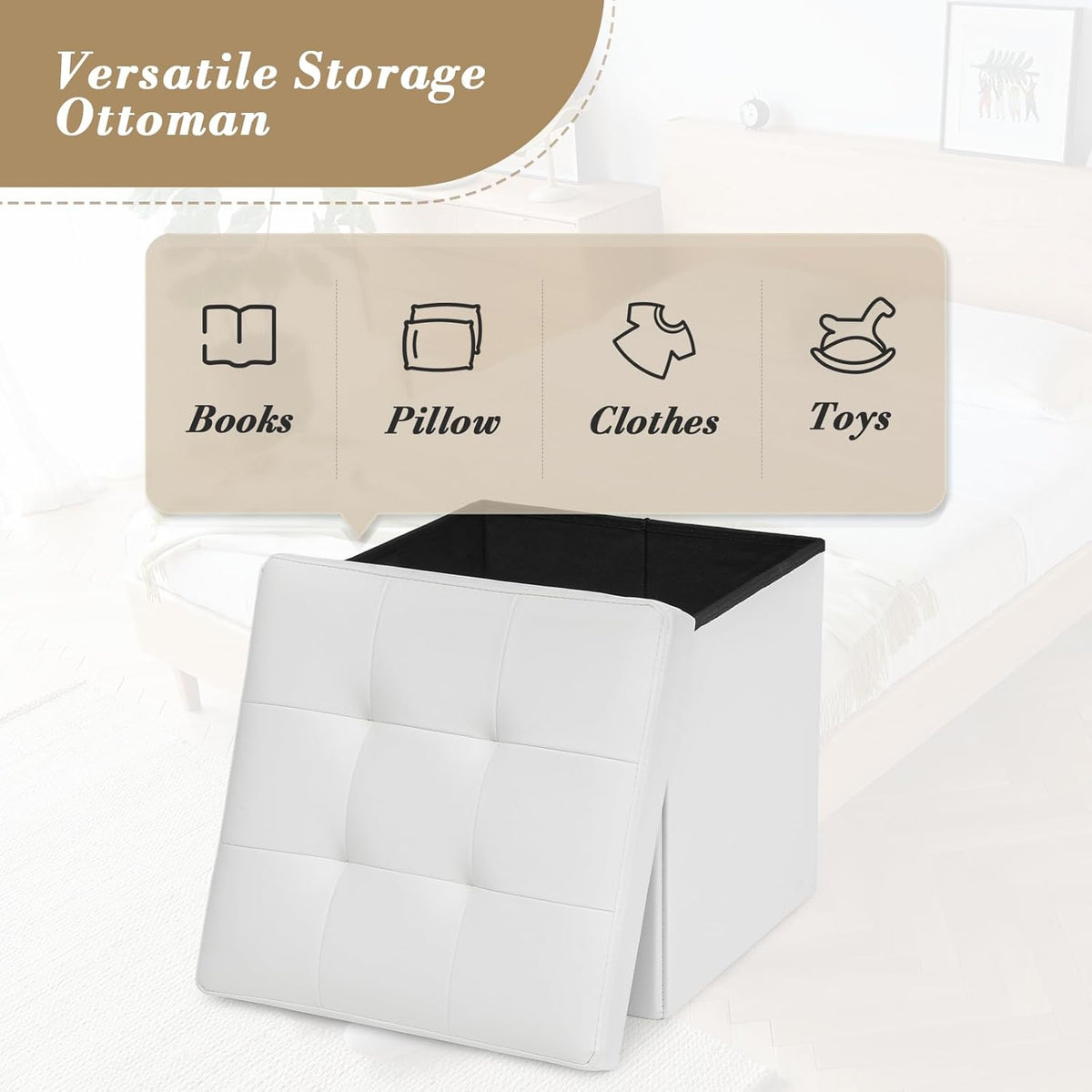 Athena Collection 15" Storage Ottoman Bench Folding Bench with 40L Hidden Storage, Small Cube