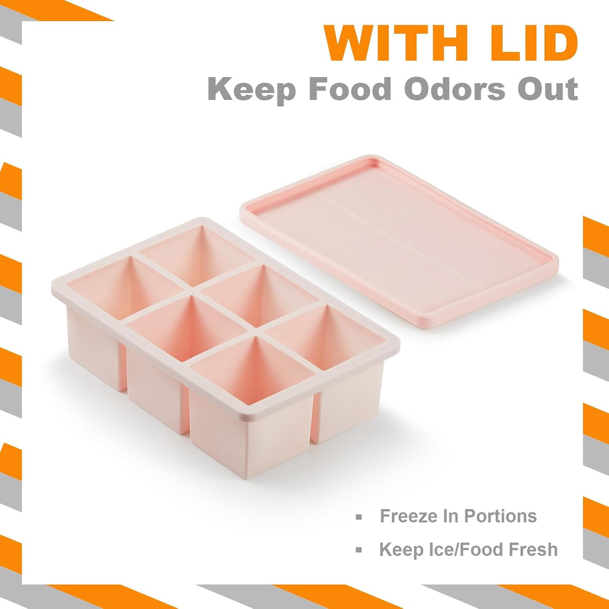 Nax Caki Pink Large Ice Cube Tray with Lid Pack of 2, Stackable Big Silicone Square Ice Cube Mold