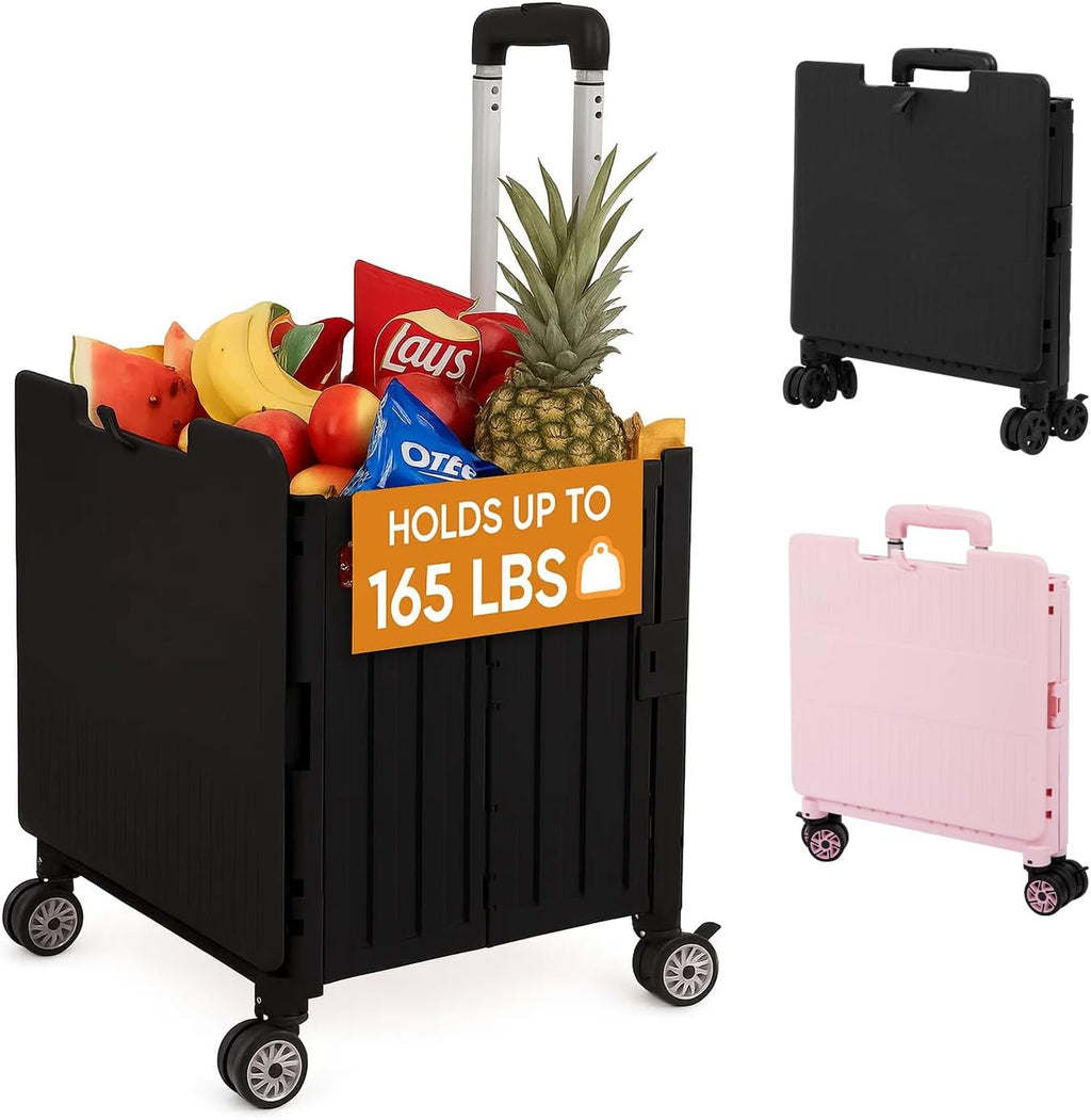 VUSIGN Folding Utility Cart, Foldable Rolling Crate Handcart with Lid, Portable Collapsible