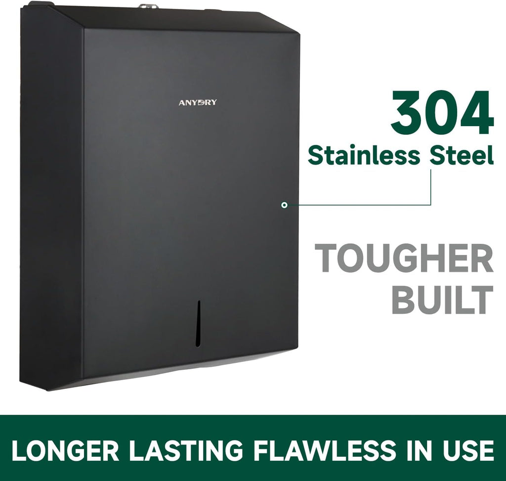 Commercial Paper Towel Dispenser Wall Mount 400-Sheet Capacity Matte Black Stainless Steel Lockable