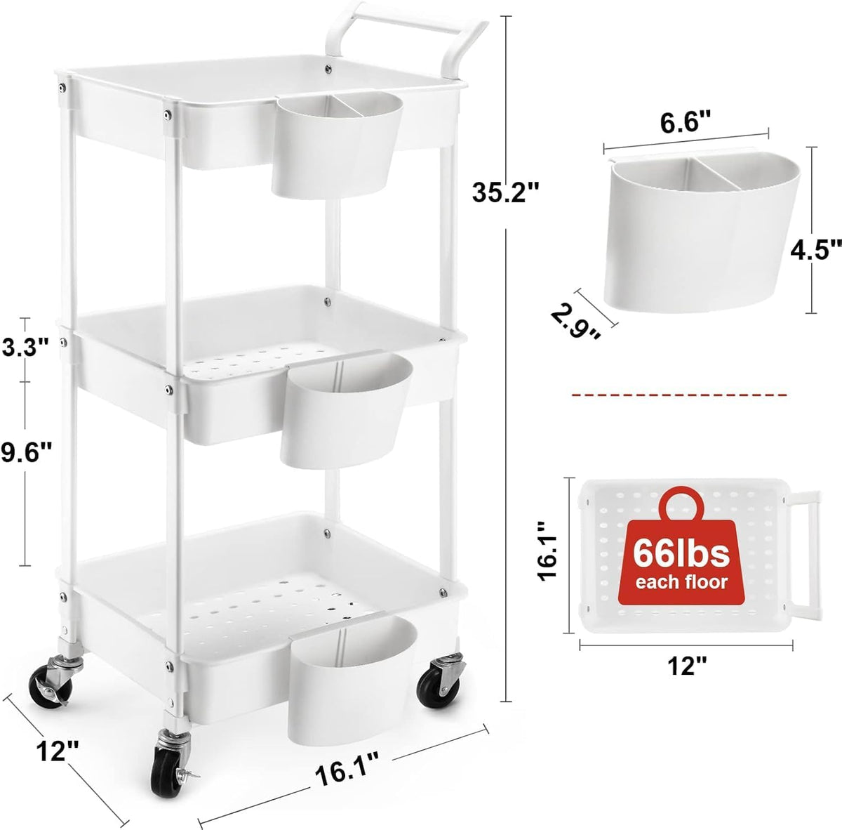 3-Tier Utility Rolling Cart,Mobile Utility Cart with Lockable Caster Wheels,Storage Shelves