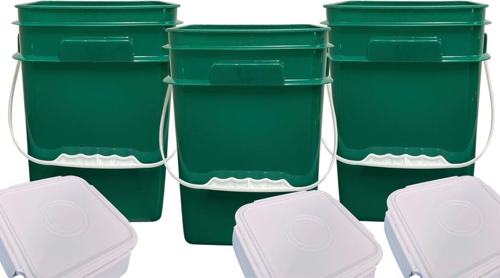 House Naturals 4 Gallon Square Food Grade Bucket Pail with Plastic Handles and Lid (Pack of 3) Made