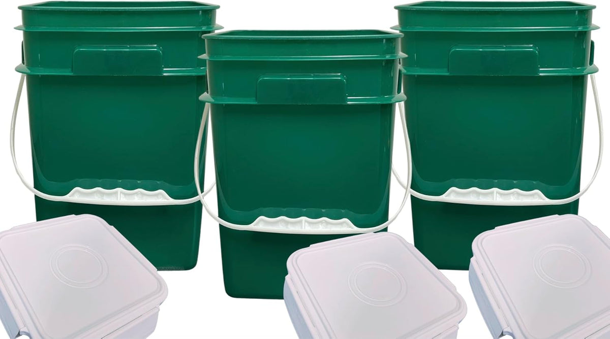 House Naturals 4 Gallon Square Food Grade Bucket Pail with Plastic Handles and Lid (Pack of 3) Made
