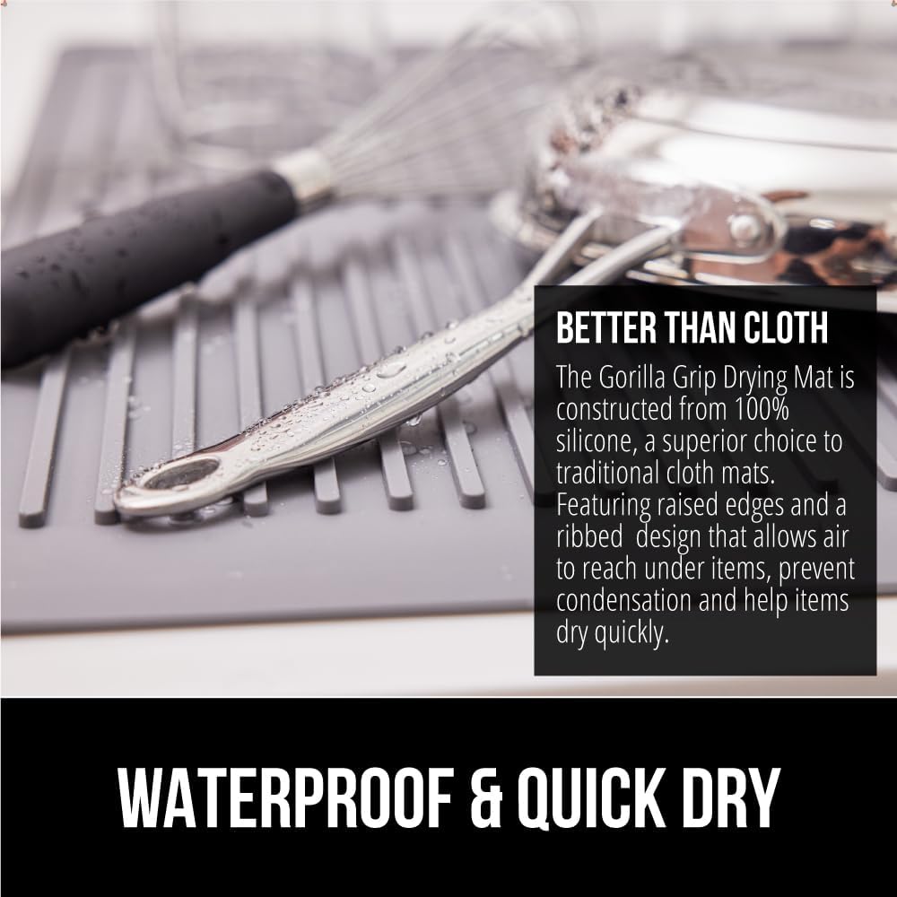 GORILLA GRIP 100% BPA-Free Patented Silicone Dish Drying Mat for Kitchen Counter, Water Catching