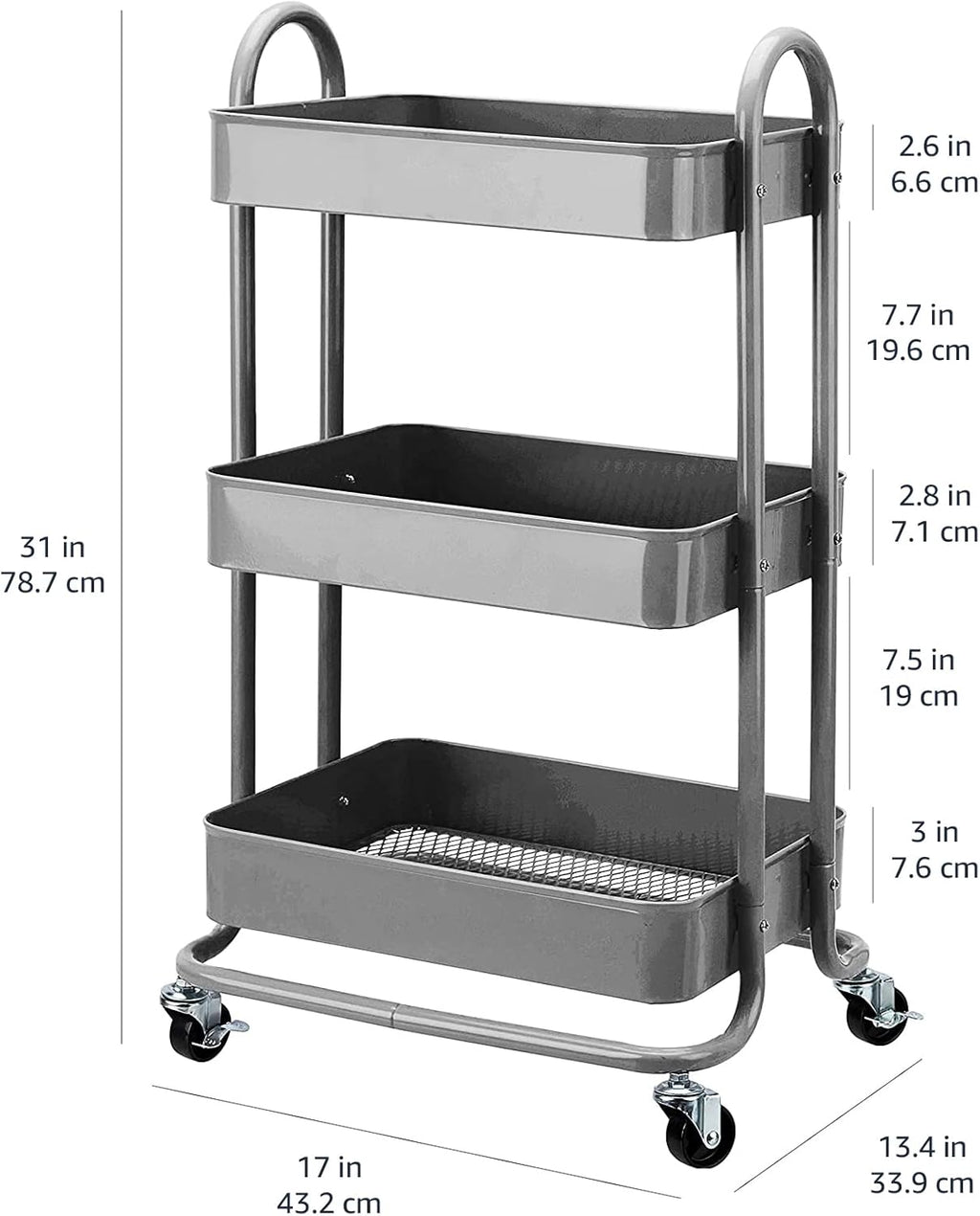 Amazon Basics 3-Tier Rolling Utility or Kitchen Cart, Lockable Wheels, Multifunctional Storage