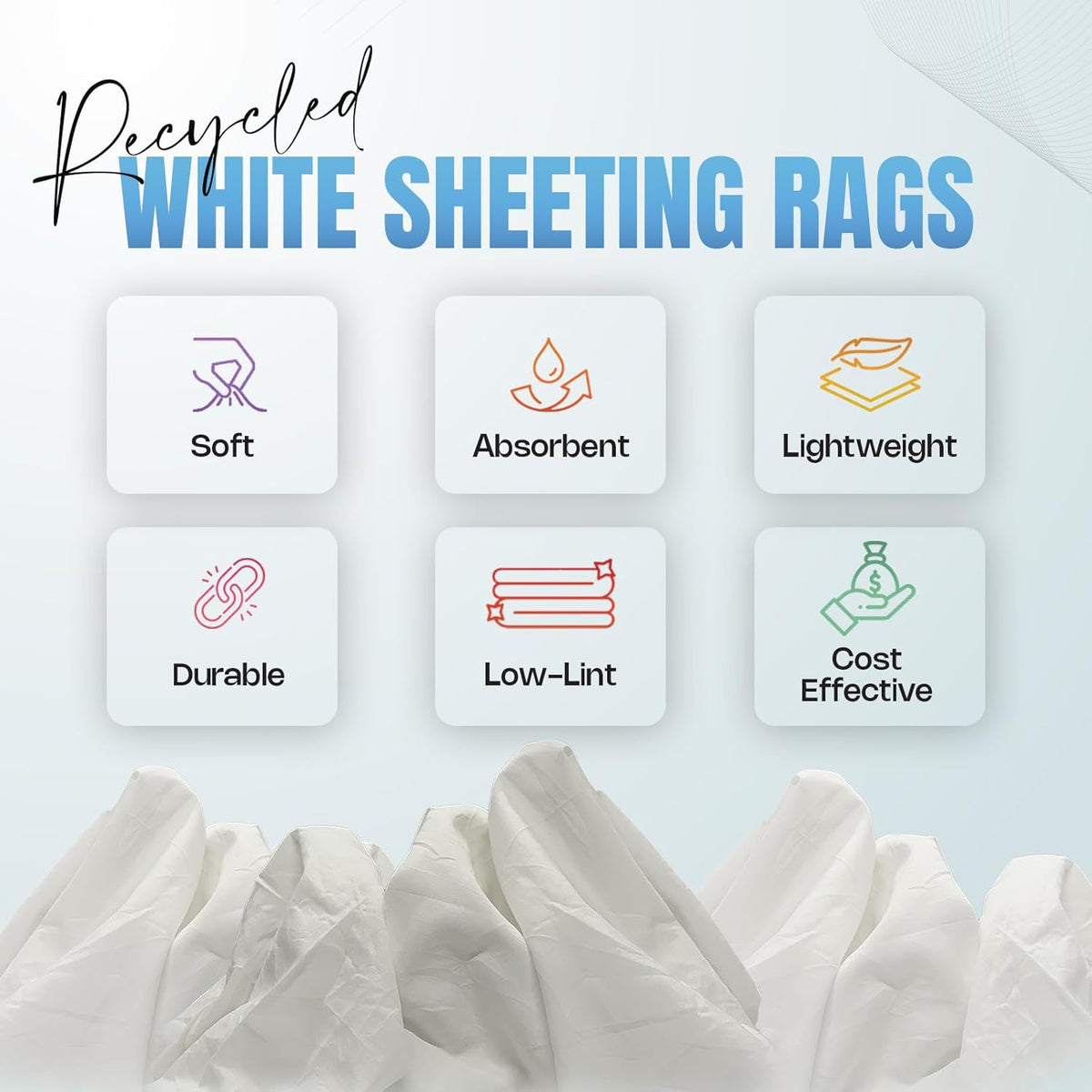 Recycled White Sheeting Cleaning Rags (25 lbs. Box) – Lint Free White Cotton Cloths for