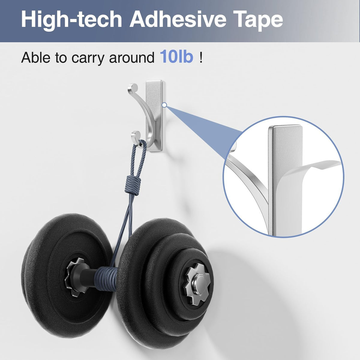 Adhesive Wall Hook for Towel/Coat - Extra Sticky 10LB Stainless, Stick on Hanger for Bath or