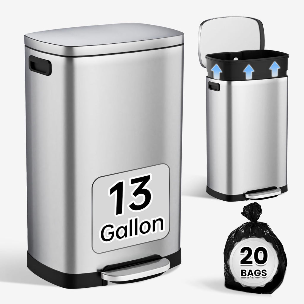 ELPHECO Kitchen Trash Can with Lid 13 Gal Stainless Steel Pedal Garbage Can