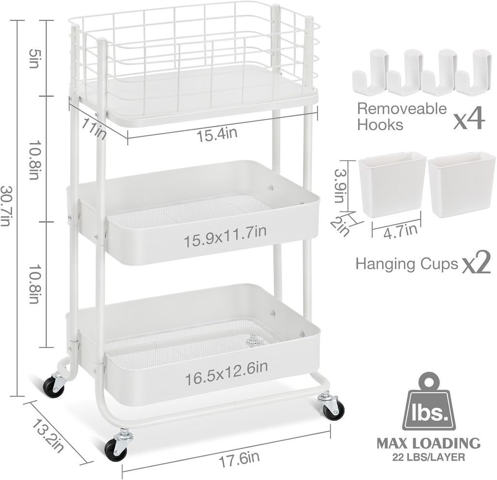 KINGRACK 3 Tier Rolling Cart, Metal Mobile Storage Shelf with Lockable Wheels, Prevent Falling