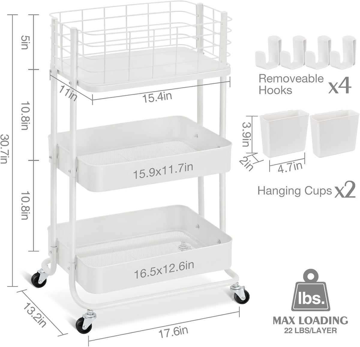 KINGRACK 3 Tier Rolling Cart, Metal Mobile Storage Shelf with Lockable Wheels, Prevent Falling