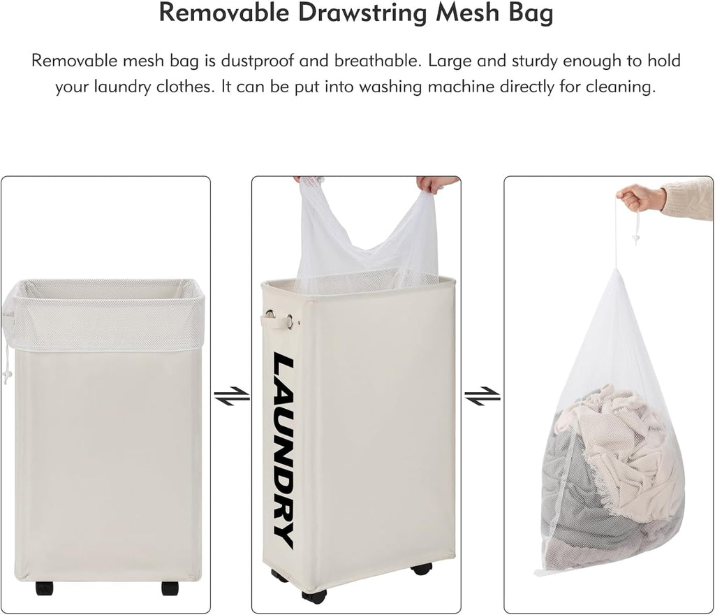 DOKEHOM 29-Inches Enlarged Slim Laundry Basket with Removable Wash Bag on Wheels, Collapsible