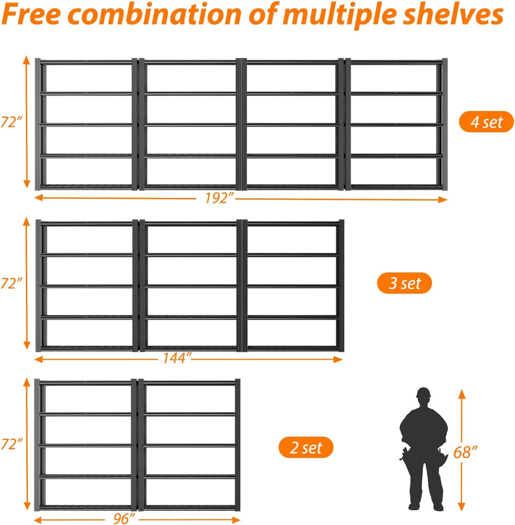 48" W Garage Shelving Heavy Duty,2800LBS Storage Shelves,5-Tier Adjustable Metal Shelving Utility