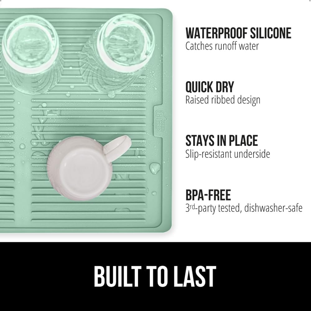 GORILLA GRIP 100% BPA-Free Patented Silicone Dish Drying Mat for Kitchen Counter, 18x16 Inch, Water
