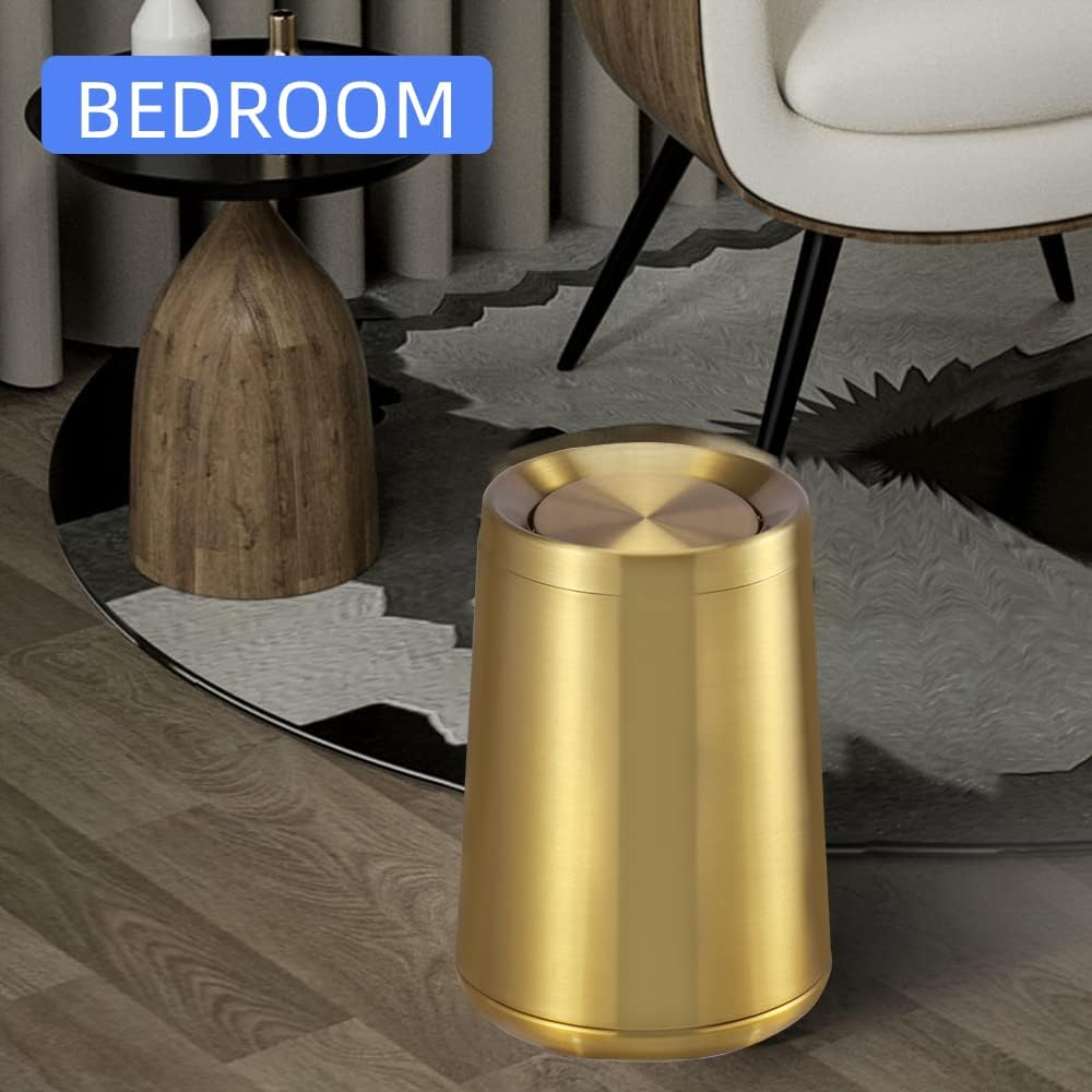 Household Swing Gold Bathroom Trash Can，Brushed Stainless Steel，10 L/3 Gallen，Garbage Can with