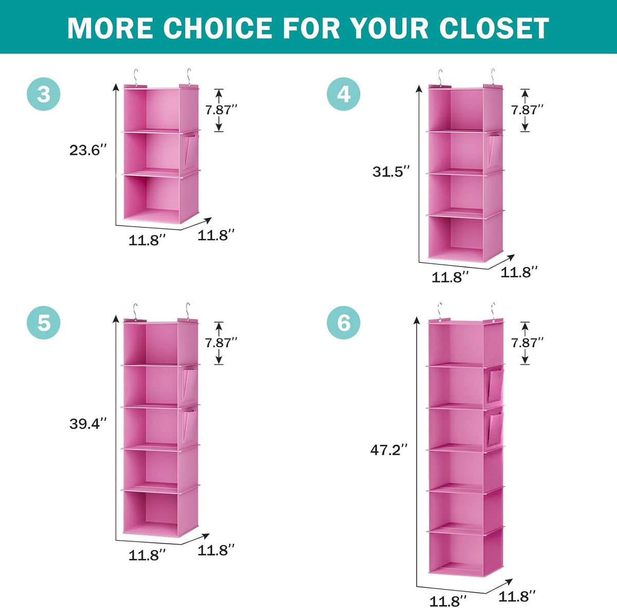 YOUDENOVA Hanging Closet Organizer, 3-Shelf Closet Hanging Storage Shelves, Light Pink