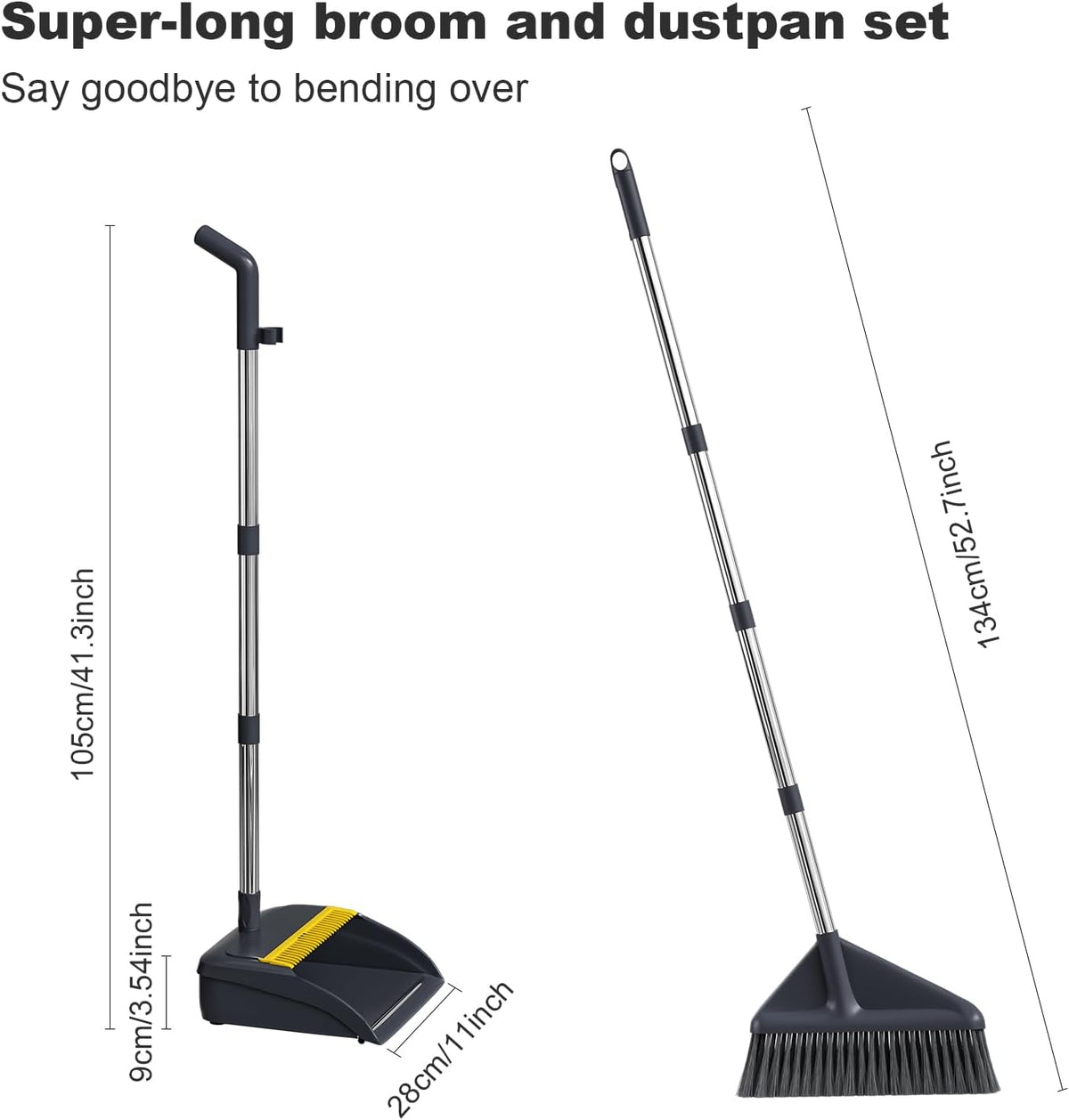 MOPUP Broom and Dustpan Set, 52 inch Long Adjustable Handle Broom with Dustpan Teeth to