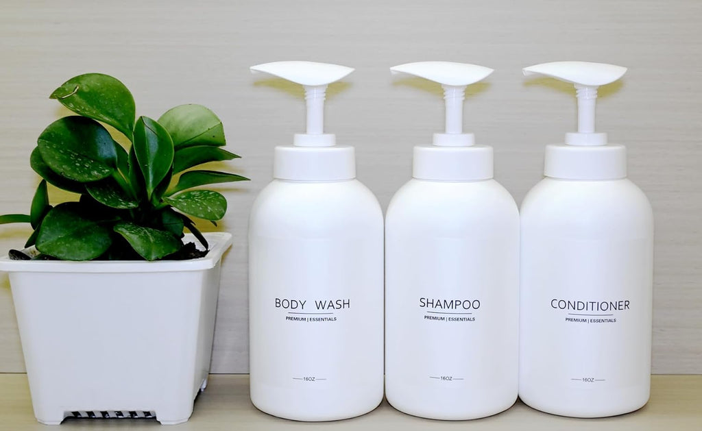 Frosted Pearl White Shampoo and Conditioner Bottles, Refillable Apothecary Dispenser Pump for