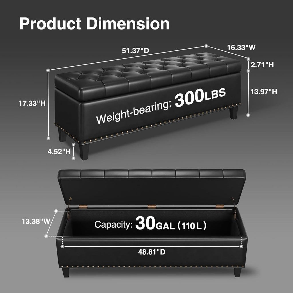 Storage Ottoman Bench, 51-Inch Large Storage Bench for Bedroom End of Bed, 30 Gallons Faux Leather