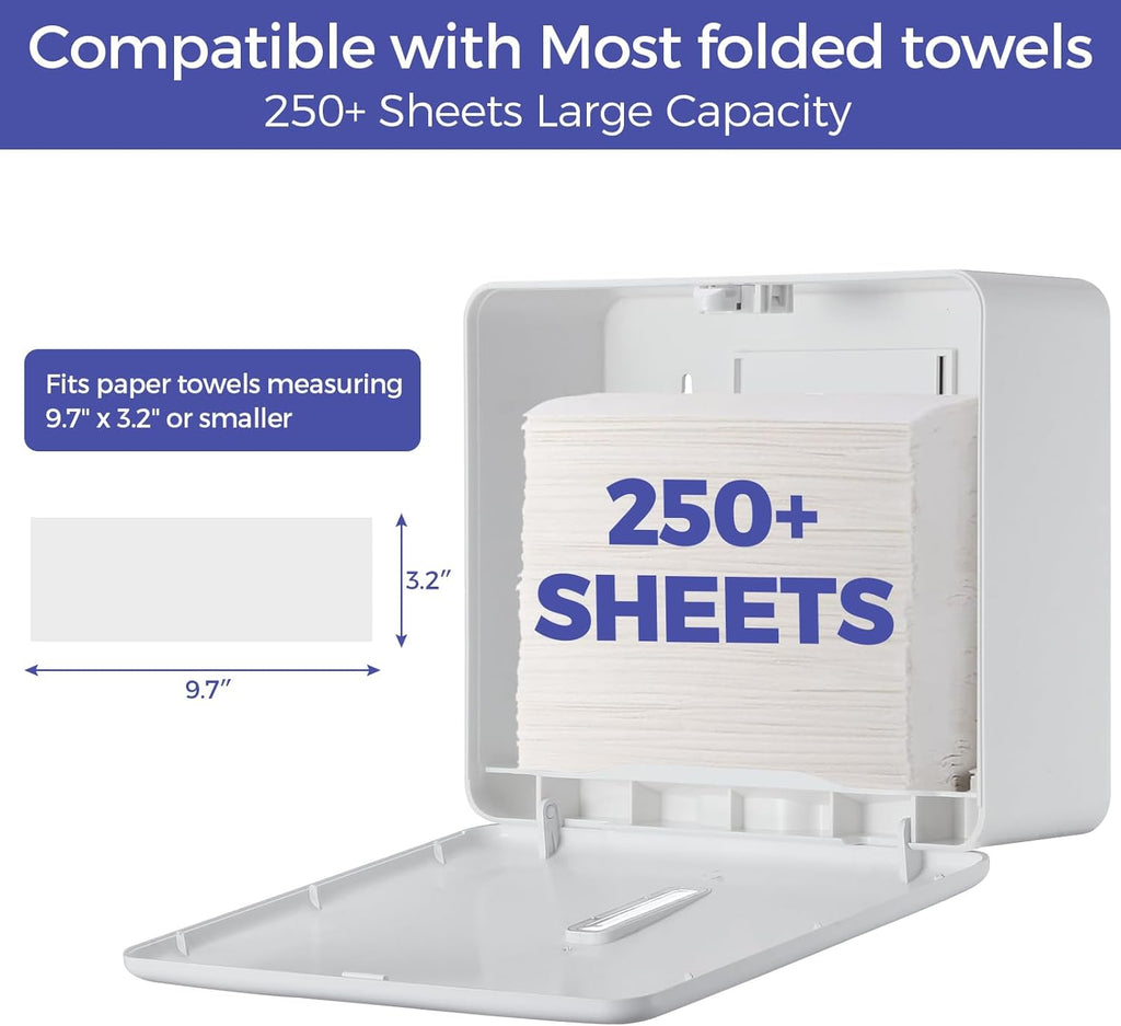Multifold Paper Towel Dispenser Wall Mount (White) – Large Capacity C-Fold, Trifold, and Folded