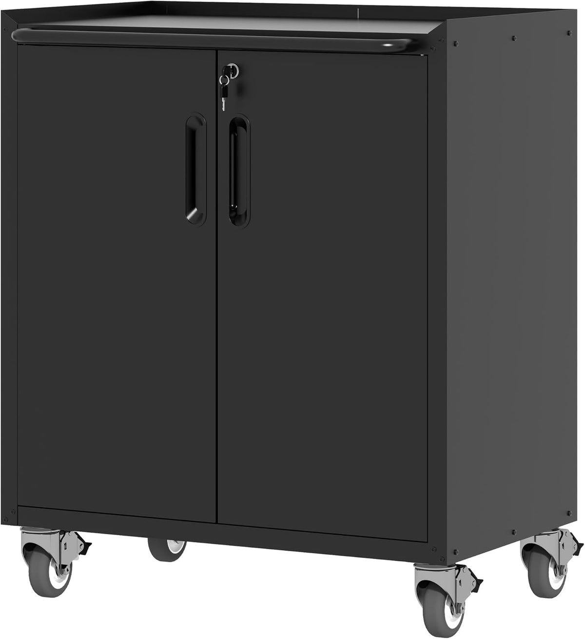 Metal Storage Cabinet with Wheels, Lockable Garage Cabinet with Doors and Shelves, Rolling Tool