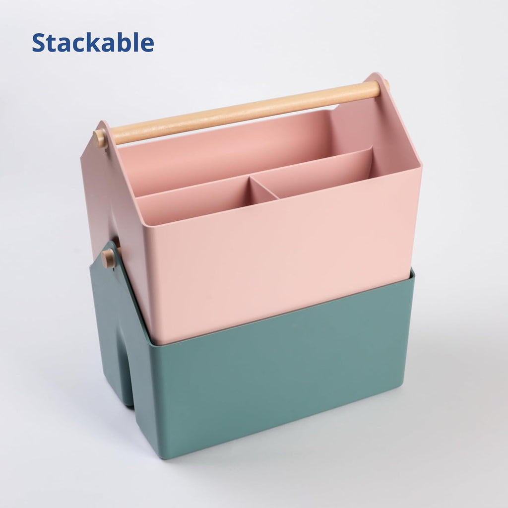 BLUE GINKGO Medium Storage Basket – Plastic Caddy with Wooden Handle for Office, Arts & Crafts, or