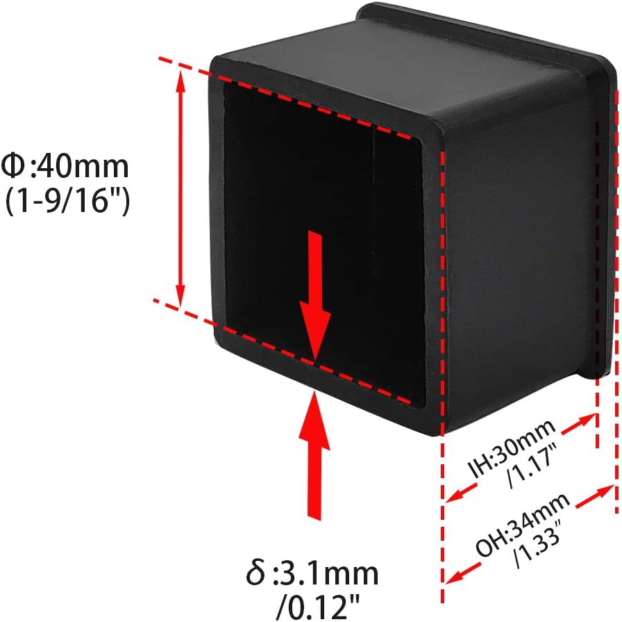 Flyshop Non-Slip Thick Rubber Leg Tips Floor Protectors Square Chair Leg Caps, 20pcs, Black, 40 mm