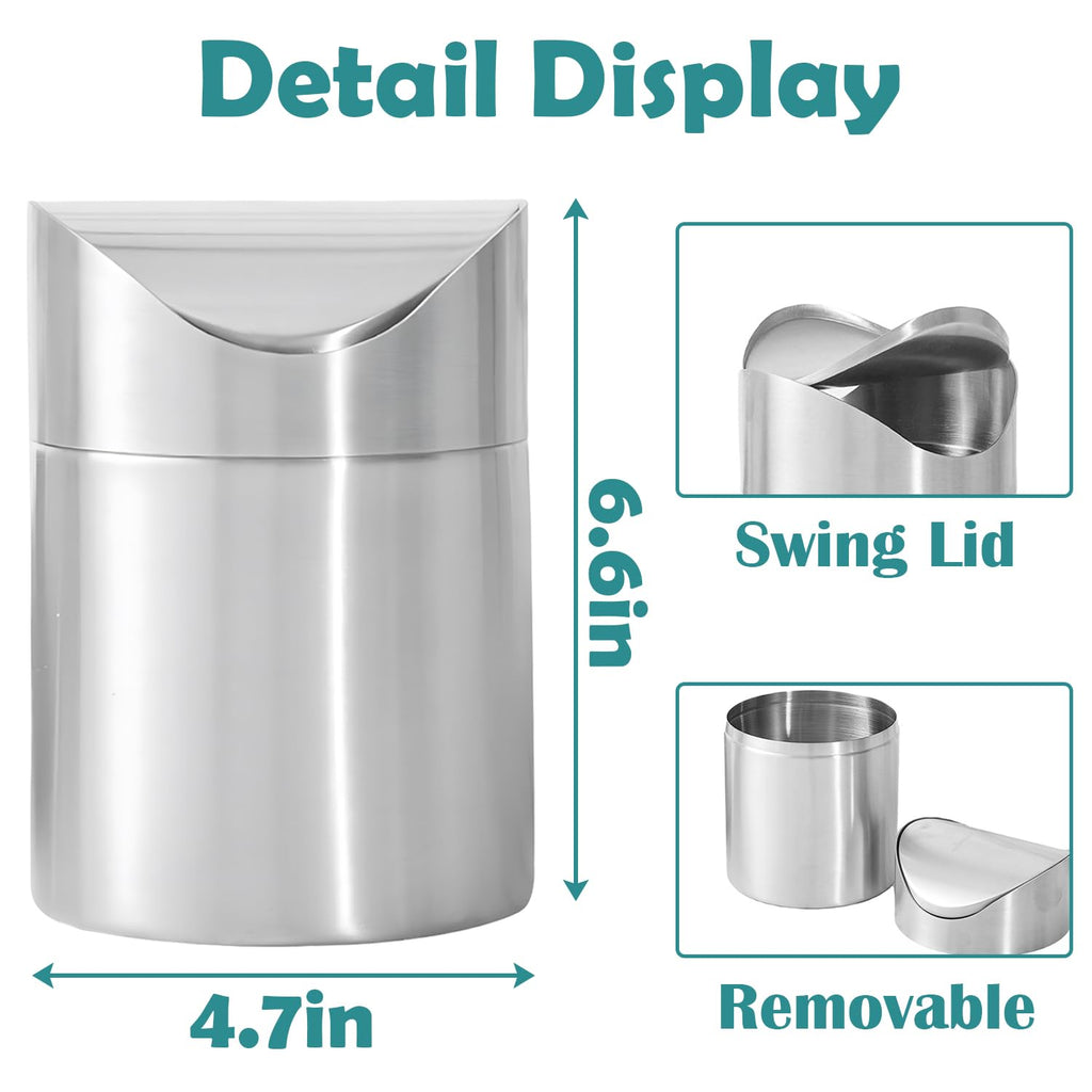 Mini Trash Can, Tiny Desktop Trash Bin with Swing Lid, Stainless Steel Bathroom Countertop Garbage