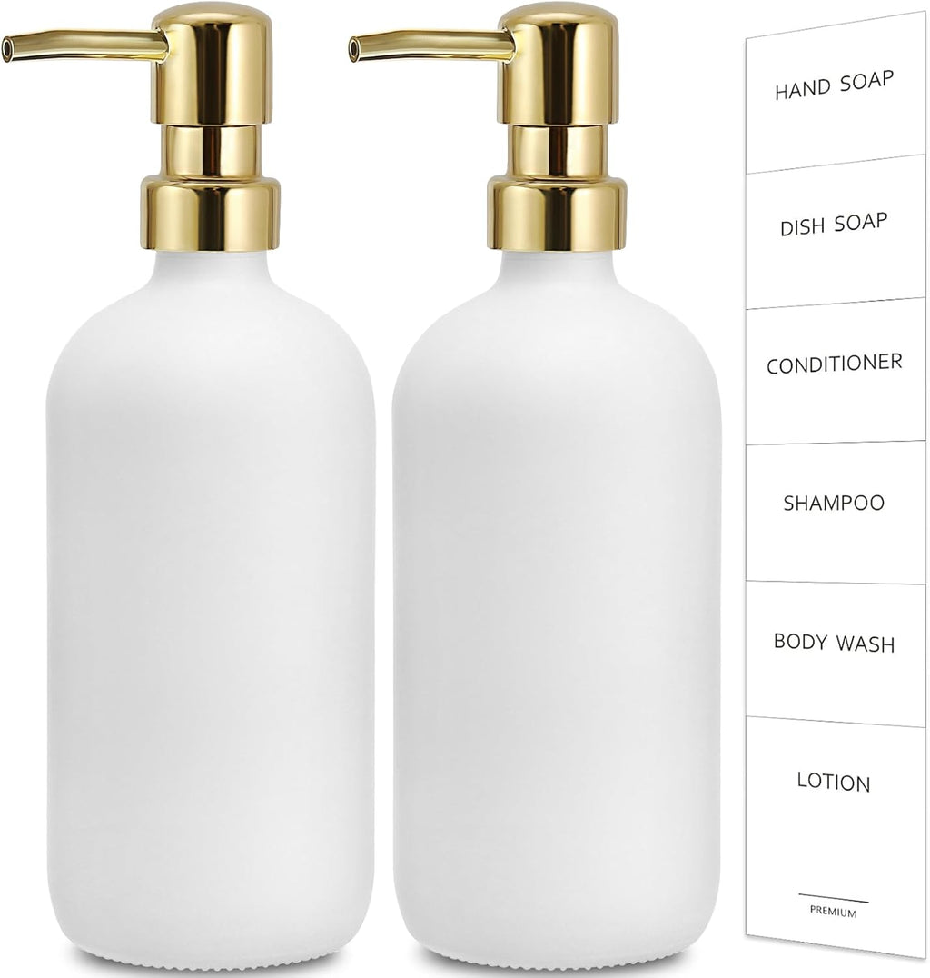 GMISUN White Soap Dispenser, 2 Pack Glass Hand Soap Dispensers Bathroom with Gold Pump, 17 Fl Oz