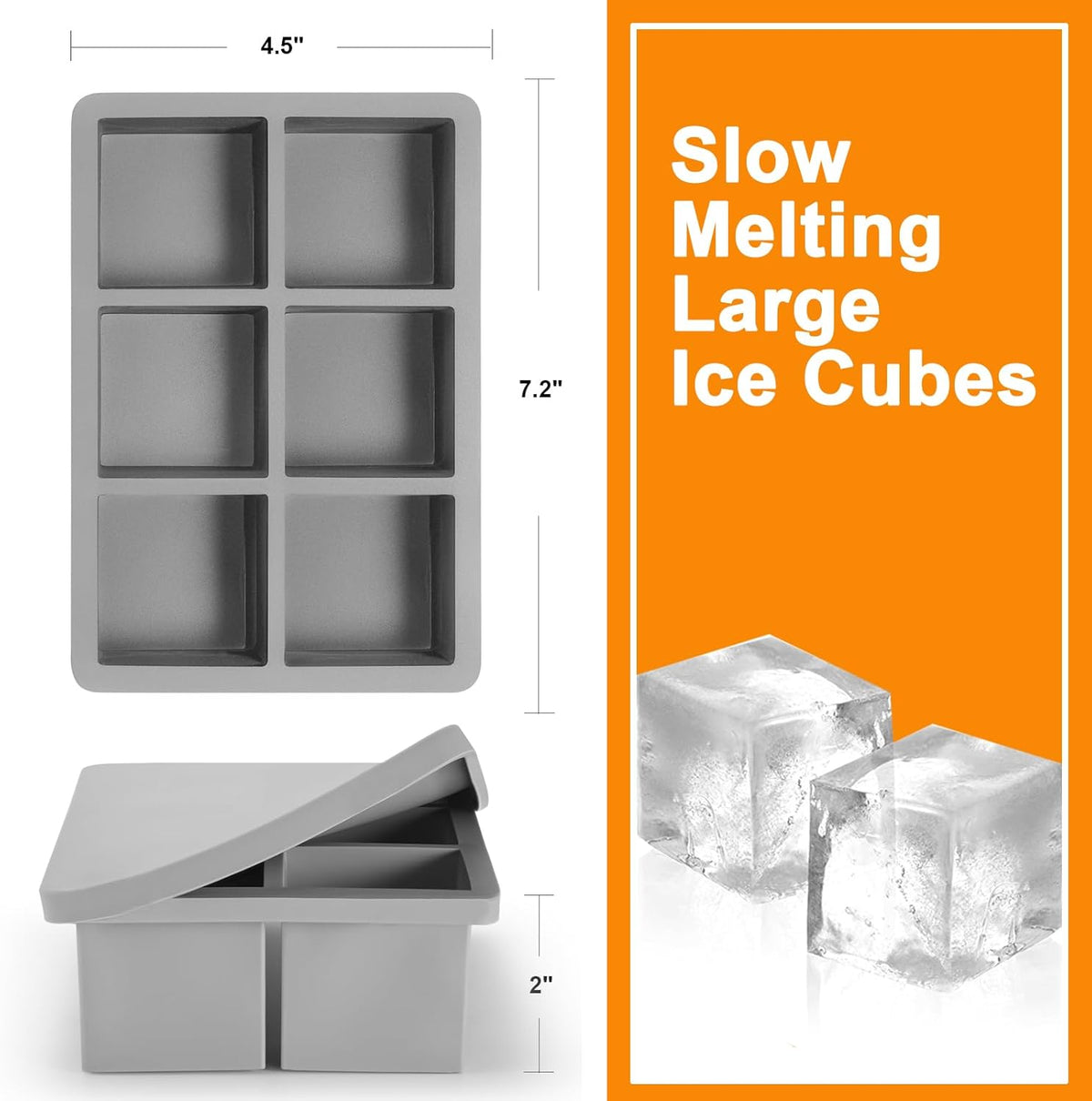 Nax Caki Silicone Large Ice Cube Trays with Lid Pack of 4, Stackable Big Square Ice Cube freezer