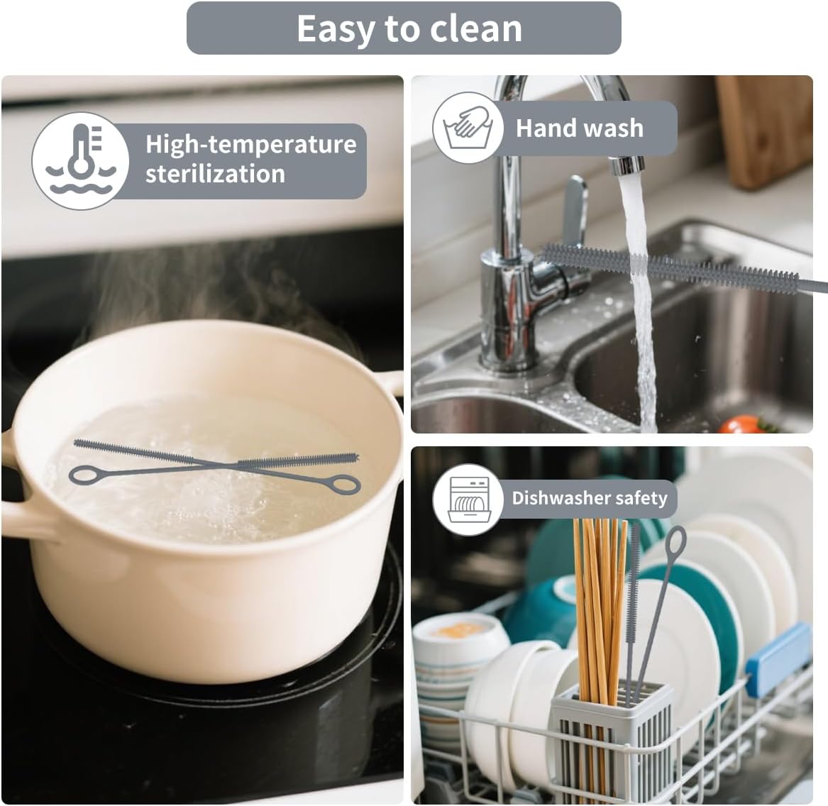 4PCS Silicone Straw Cleaner Brush, Reusable Straw Brush Extra Long for Cleaning Glass Metal