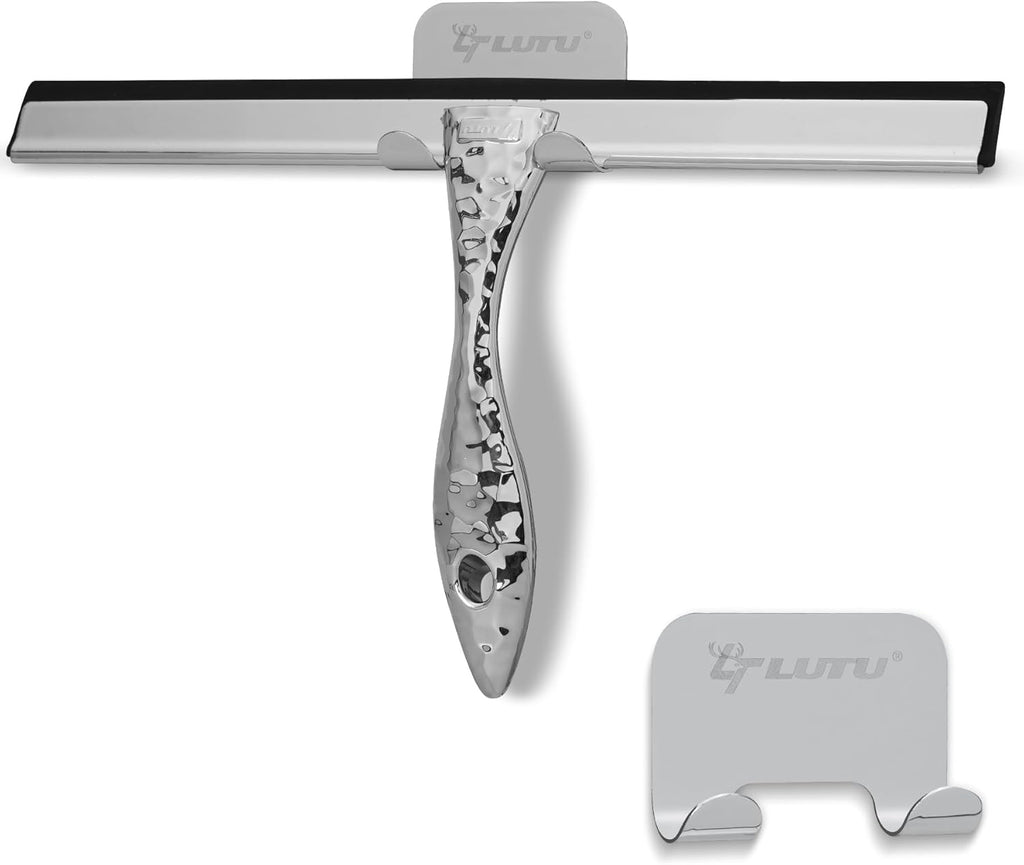 12" Silver Shower Squeegee with Hammered Handle & Waterproof Hook for Glass Doors, Silicone