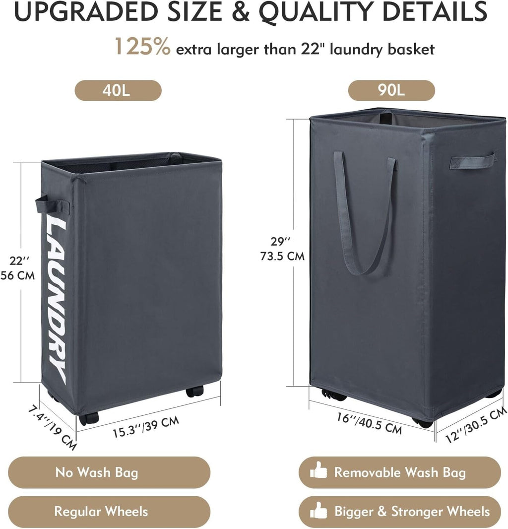 DOKEHOM 90L X-Large Laundry Basket with Removable Wash Bag on Wheels, Collapsible Rolling Laundry