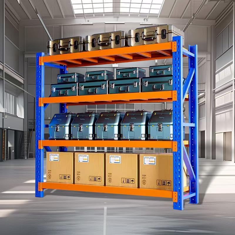 Industrial Metal Storage Shelves - Large, Heavy Duty, 4 Levels, Blue & Orange, Warehouse Racking