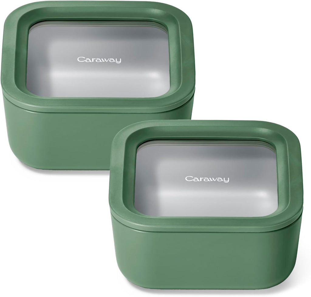 Caraway 2pc Glass Food Storage Set - 4.4 Cup Food Containers (2) - Ceramic Coated - Non Toxic, Non