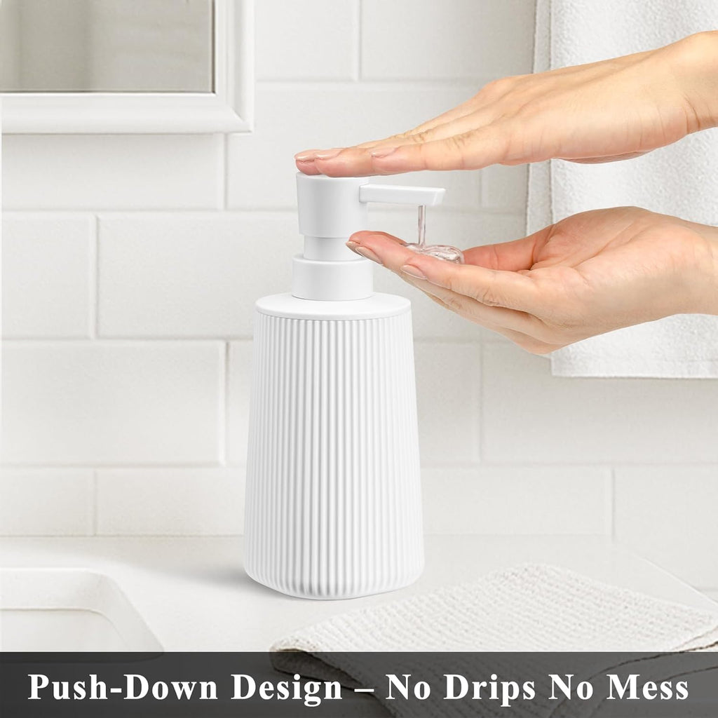 White Hand Soap Dispenser with No Rust Pump for Bathroom and Kitchen Countertops Refillable Striped