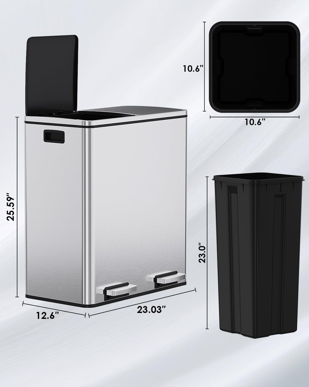 Arlopu 16 GallonStainless Steel Trash Can, 60L Dual Compartment, Metal Kitchen Step Recycle Bin