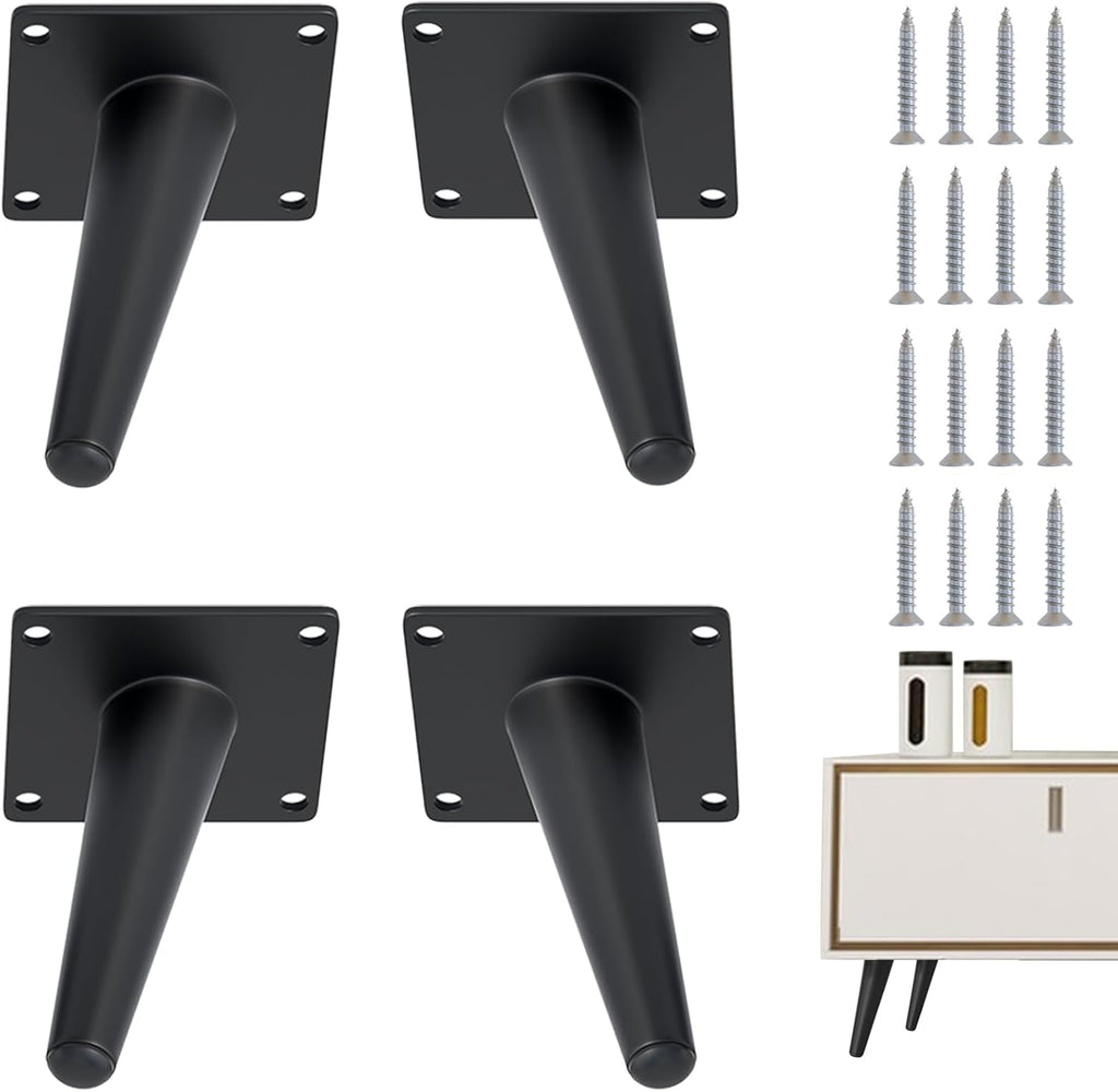 4PCS 4 Inch Matte Black Tapered Angled Legs for Furniture, Metal Mid Century Mordern Feet, Heavy