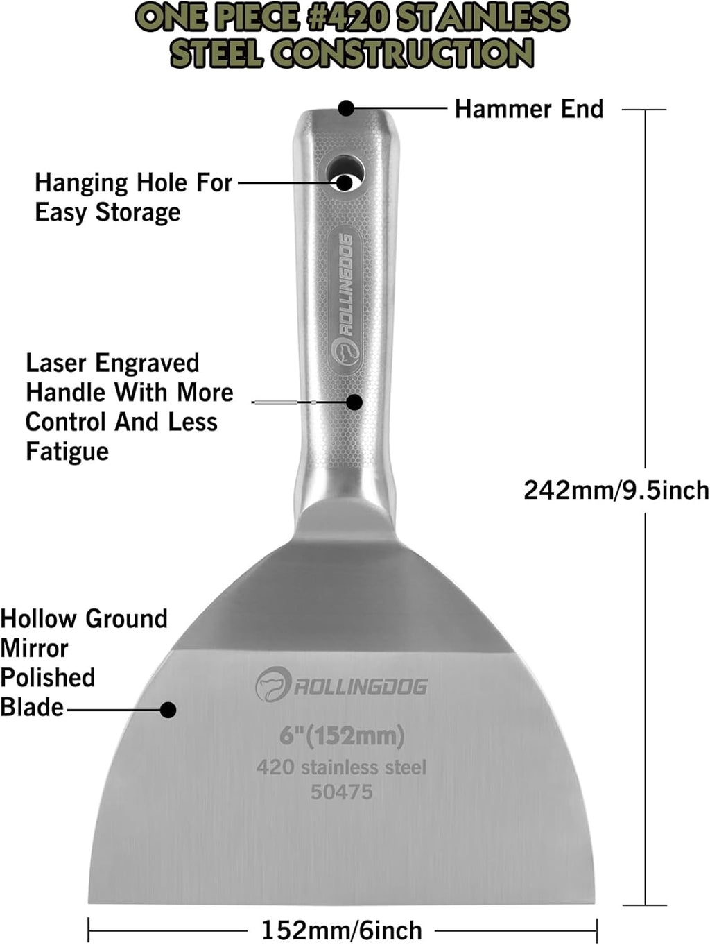 ROLLINGDOG 6 inch Putty Knife - 420 Stainless Steel Spackle Knife Drywall Knife One Piece Mirror