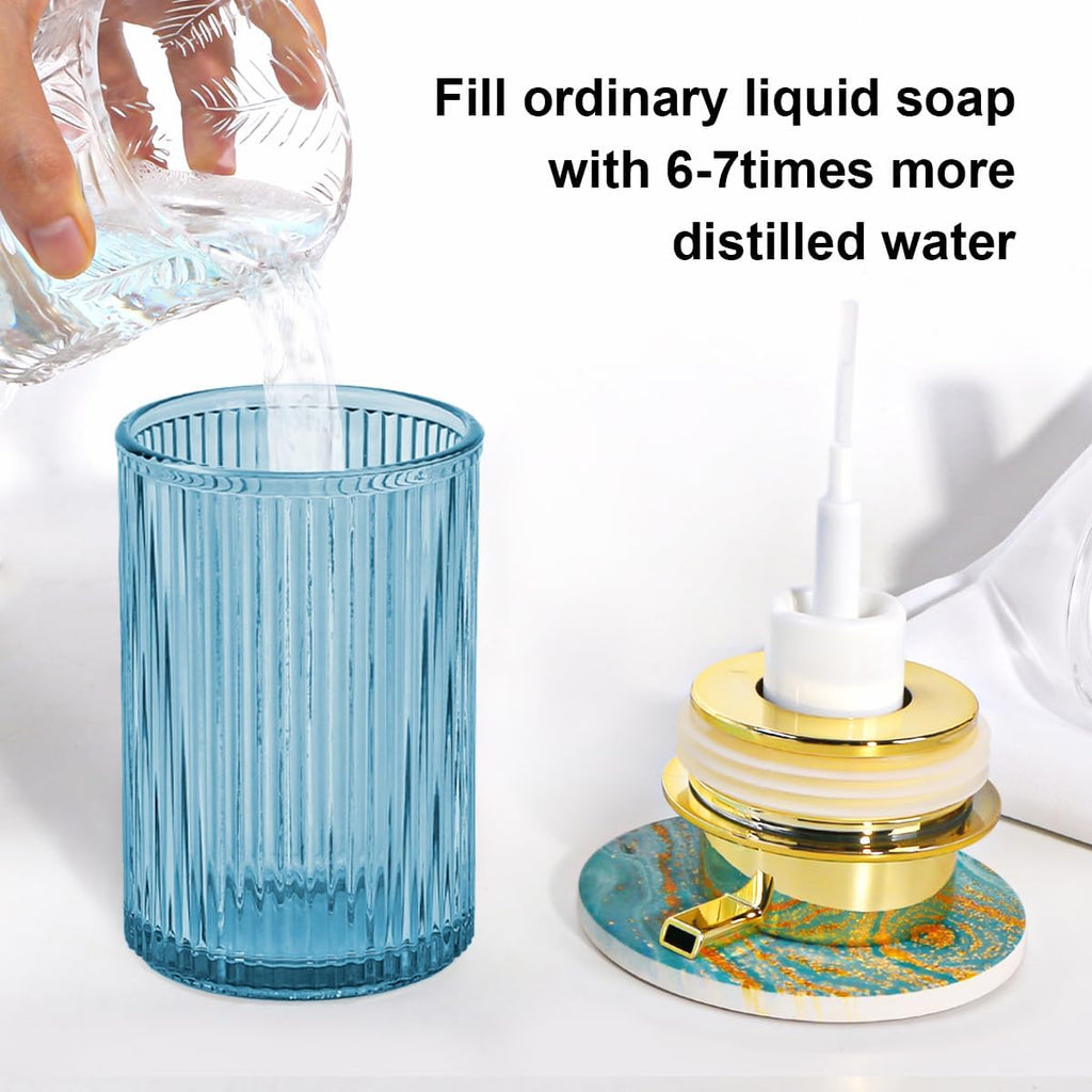 Blue Foaming Soap Dispenser, 12 Oz Glass Foaming Hand Soap Dispenser with Gold Pump, Bathroom
