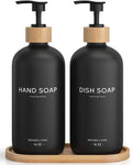 Hand and Dish Soap Dispenser Set,16oz Glass Bottles with Printed Labels, Bamboo Tray &