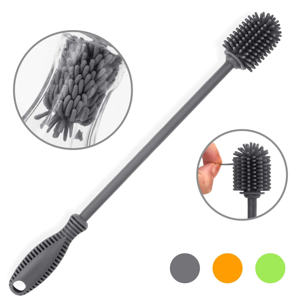 Silicone Bottle Brush with Long Handle, 12.5" Bottle Cleaning Brush, Gray