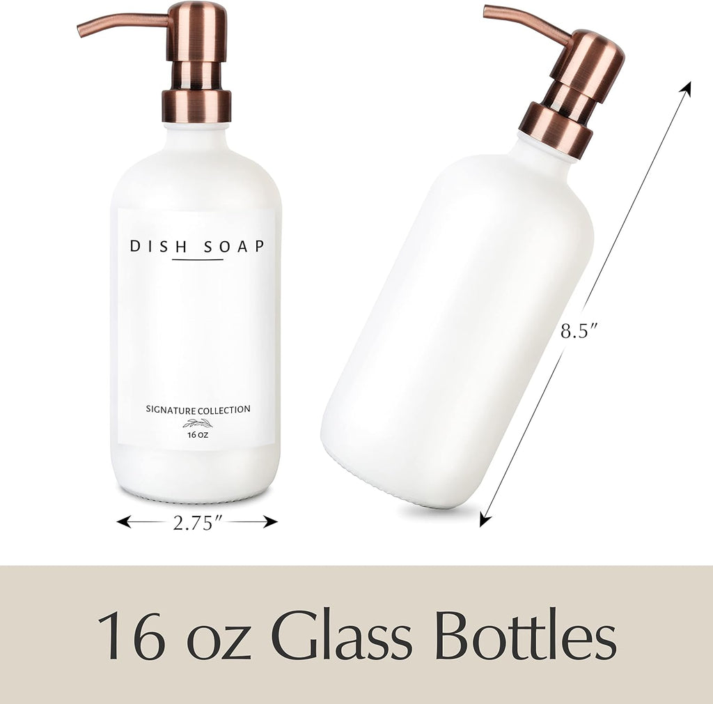 Emerson Essentials Thick Glass Soap Bottle Dispensers, 2 Pack, Non Rust Stainless Steel Pumps Hand