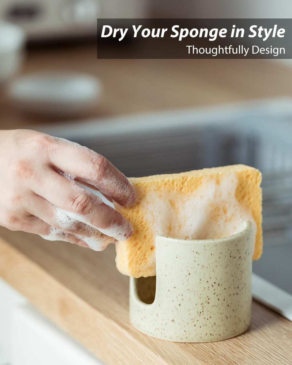 Sponge Holder for Kitchen Sink, Ceramic Dish Sponge Holder Sink Caddy Compact Scrubby Daddy Kitchen