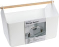 BLUE GINKGO Large Storage Basket – Plastic Caddy with Wooden Handle for Bathroom, Pantry, or