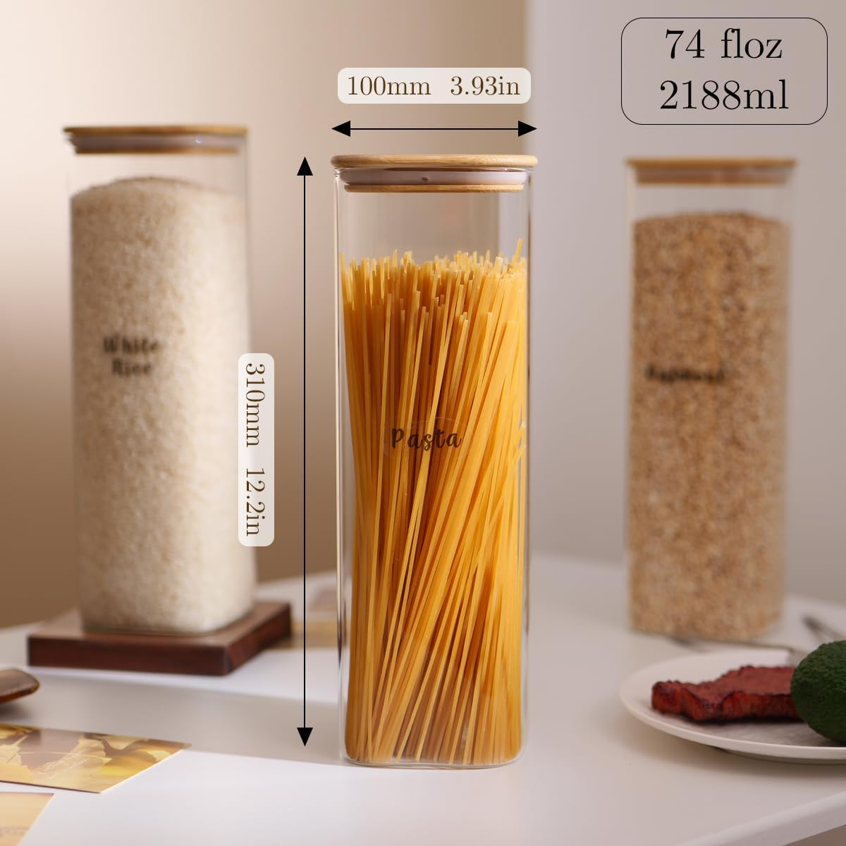 3 Pcs Square Glass Pantry Storage Containers with Bamboo Airtight Lid and 248 Clear Pantry Labels