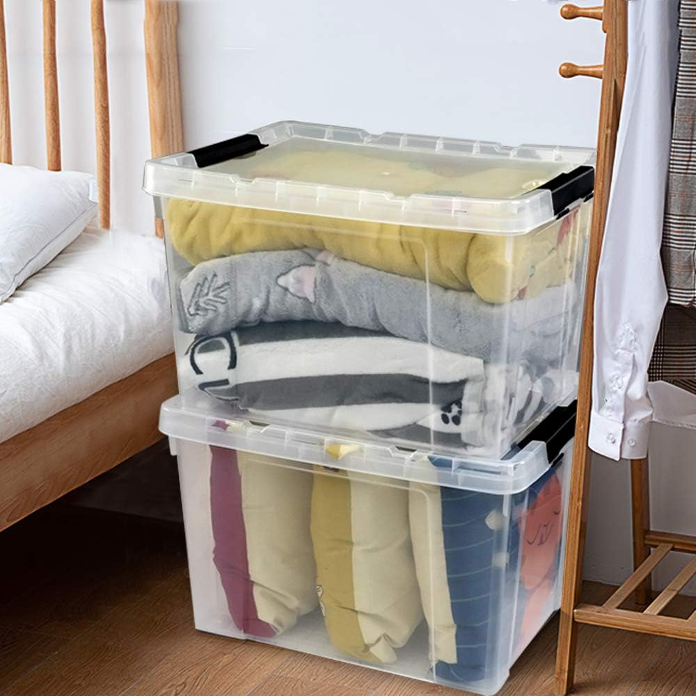 Ggbin 4 Packs 50 Quart Plastic Container Bin with Lids, Latching Storage Box with Wheels, Clear