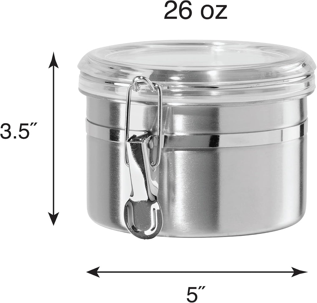 OGGI Stainless Steel Kitchen Canister 26 fl oz - Airtight Clamp Lid, Clear See-Thru Top - Ideal for