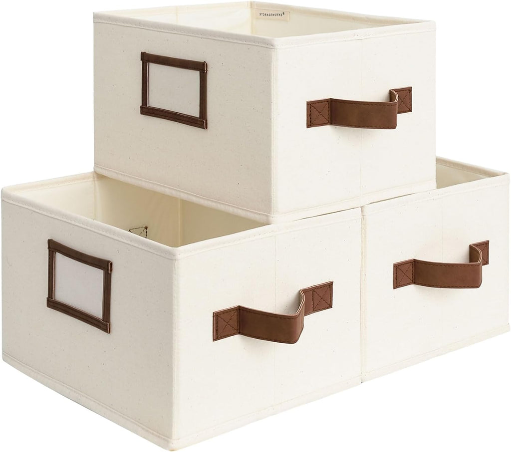 StorageWorks Storage Baskets for Shelves, Foldable Fabric Closet Storage Bins with PU Handles