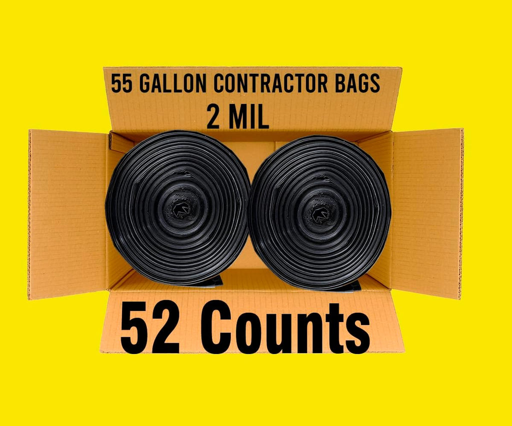 Contractor Heavy Duty Trash Bags 55 Gallon | 52 Count | 2 MIL | 36" X 56" | Large Black Flap Tie