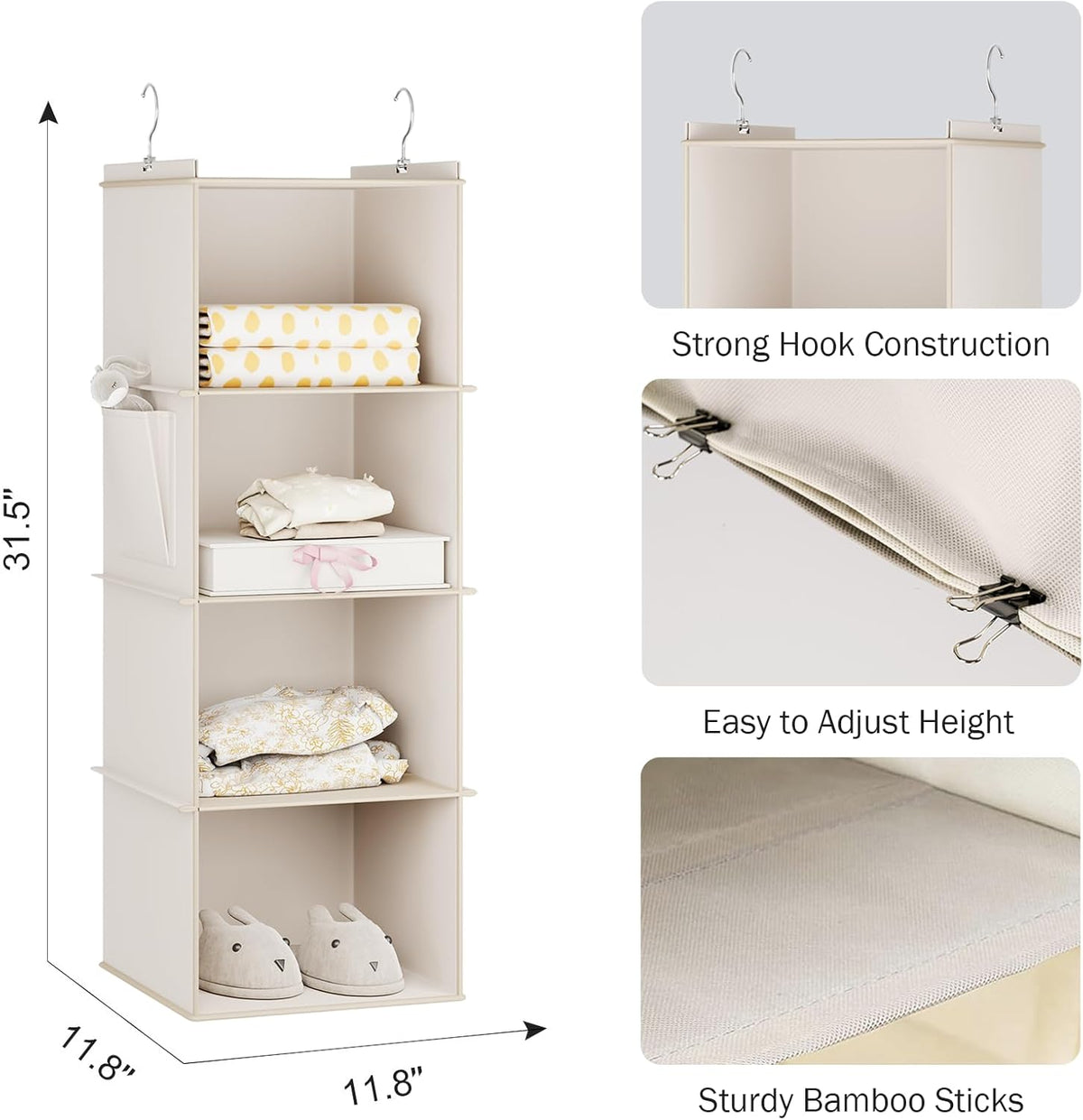 YOUDENOVA Hanging Closet Organizer, 4-Shelf Closet Hanging Storage Shelves, Beige